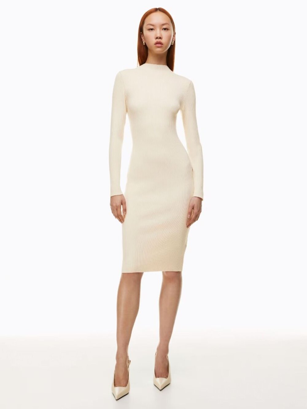 Aritzia Babaton Compose Mock Neck Ribbed Knit Sweater Dress Cut Out Birch Size S